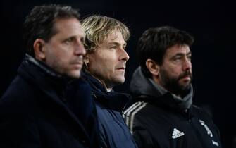 (From L) Juventus FC technical coordinator Fabio Paratici, Juventus FC vice president Pavel Nedved and Juventus FC President Andrea Agnelli attend the Italian Serie A football match Torino vs Juventus on December 15, 2018 at the Olympic stadium in Turin. (Photo by Marco BERTORELLO / AFP)        (Photo credit should read MARCO BERTORELLO/AFP via Getty Images)