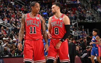 DETROIT, MI - OCTOBER 28: Zach LaVine #8 talks with DeMar DeRozan #11 of the Chicago Bulls during the game against the Detroit Pistons on October 28, 2023 at Little Caesars Arena in Detroit, Michigan. NOTE TO USER: User expressly acknowledges and agrees that, by downloading and/or using this photograph, User is consenting to the terms and conditions of the Getty Images License Agreement. Mandatory Copyright Notice: Copyright 2023 NBAE (Photo by Chris Schwegler/NBAE via Getty Images)
