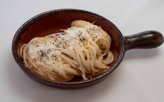 Spaghetti Cacio e Pepe with Italian Pasta with Pecorino Cheese and Pepper