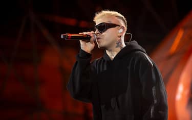 Italian rapper Lazza (Jacopo Lazzarini) at Piazza Colombo's concert during the 74 Sanremo Music Festival. Sanremo (Italy), Sanremo (Italy), February 6th, 2024 (Photo by Pool Insabato Rovaris/Mondadori Portfolio via Getty Images)