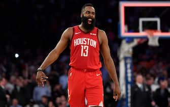 NEW YORK, NEW YORK - JANUARY 23: James Harden #13 of the Houston Rockets celebrates the 114-110 over the New York Knicks at the end of the game at Madison Square Garden on January 23, 2019 in New York City. NOTE TO USER: User expressly acknowledges and agrees that, by downloading and or using this photograph, User is consenting to the terms and conditions of the Getty Images License Agreement.  (Photo by Sarah Stier/Getty Images)