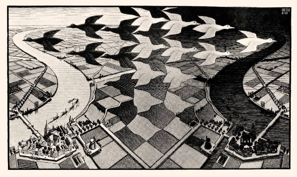 Maurits Cornelis Escher, Day and Night, 1938 Xylographie, 391 x 677 mm. Collection M.C. Escher Heritage, Pays-Bas All M.C. Escher works © 2025 The M.C. Escher Company, The Netherlands. All rights reserved www.mcescher.com
