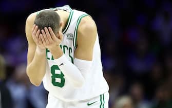 PHILADELPHIA, PENNSYLVANIA - NOVEMBER 08: Kristaps Porzingis #8 of the Boston Celtics reacts during the second quarter against the Philadelphia 76ersat the Wells Fargo Center on November 08, 2023 in Philadelphia, Pennsylvania. NOTE TO USER: User expressly acknowledges and agrees that, by downloading and or using this photograph, User is consenting to the terms and conditions of the Getty Images License Agreement. (Photo by Tim Nwachukwu/Getty Images)