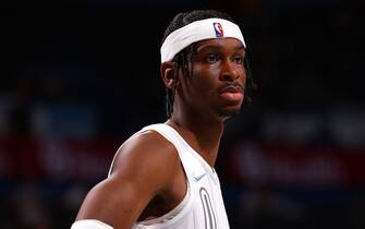 OKLAHOMA CITY, OK - MARCH 4: Shai Gilgeous-Alexander #2 of the Oklahoma City Thunder looks on during the game against the Minnesota Timberwolves on March 4, 2022 at Paycom Arena in Oklahoma City, Oklahoma. NOTE TO USER: User expressly acknowledges and agrees that, by downloading and or using this photograph, User is consenting to the terms and conditions of the Getty Images License Agreement. Mandatory Copyright Notice: Copyright 2022 NBAE (Photo by Zach Beeker/NBAE via Getty Images)