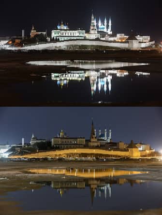 RUSSIA, KAZAN - MARCH 25, 2023: Pictured here are juxtaposed images of the the Kazan Kremlin before (top) and during (bottom) the 2023 Help the Planet event. Help the Planet is an alternative to Earth Hour. Earth Hour is an international movement organised by the WWF, which is officially listed on the international agents' list in Russia. Those participating in the Help the Planet event – individuals, organisations, municipal institutions and businesses – turn off lights in residential buildings and on landmark buildings for one hour, from 8:30 pm to 9:30 pm on the last Saturday of March. Russia joined the Earth Hour event in 2009-2022. Yegor Aleyev/TASS/Sipa USA