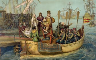UNSPECIFIED - CIRCA 1754: Christopher Columbus (c1451-1506) taking leave of Isabella of Castile and Ferdinand II of Aragon before setting out on his first voyage to the New World, 8 August 1492. Print 1893. America Exploration Navigation (Photo by Universal History Archive/Getty Images)