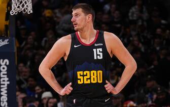 DENVER, CO - JANUARY 7: Nikola Jokic #15 of the Denver Nuggets looks on during the game against the Detroit Pistons on January 7, 2024 at the Ball Arena in Denver, Colorado. NOTE TO USER: User expressly acknowledges and agrees that, by downloading and/or using this Photograph, user is consenting to the terms and conditions of the Getty Images License Agreement. Mandatory Copyright Notice: Copyright 2024 NBAE (Photo by Bart Young/NBAE via Getty Images)