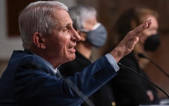 Director of the National Institute of Allergy and Infectious Diseases and chief medical adviser to the President, Dr. Anthony Fauci, with acting commissioner of the Food and Drug Administration Dr. Janet Woodcock (C) and assistant HHS secretary for preparedness and response Dawn O'Connell, testifies before the Senate Health, Education, Labor and Pensions Committee hearing on ‘the federal response to new COVID-19 variants’ on Capitol Hill in  in Washington, DC, USA, 11 January 2022. (Photo by Pool/Sipa USA)