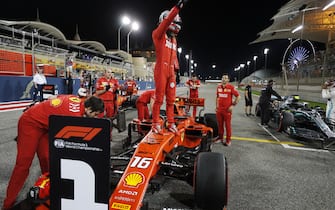 BAHRAIN INTERNATIONAL CIRCUIT, BAHRAIN - MARCH 30: Charles Leclerc, Ferrari, celebrates after securing his first pole position in F1 during the Bahrain GP at Bahrain International Circuit on March 30, 2019 in Bahrain International Circuit, Bahrain. (Photo by Steven Tee / LAT Images)