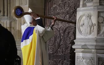 epa11762997 Paris' archbishop Laurent Ulrich inaugurates the Notre Dame de Paris Cathedral by knocking on the doors during the reopening ceremony of the Notre Dame de Paris Cathedral, in Paris, France, 07 December 2024. The Notre-Dame de Paris Cathedral reopens on 07 December after nearly six years of renovation work following its destruction by a fire on 15 April 2019.  EPA/CHRISTOPHE PETIT TESSON / POOL