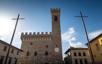 Scarperia is a fraction of the scattered municipality of Scarperia and San Piero. The square with the castle or Palazzo dei Vicari. It is famous for the handmade production of knives. Province of Florence in Tuscany, Italy