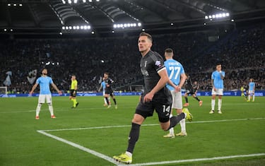 ROME, ITALY - APRIL 23: Arkadiusz Milik of Juventus FC celebrates after scoring a goal during the Coppa Italia Semi-final Second Leg match between SS Lazio and Juventus FC at Stadio Olimpico on April 23, 2024 in Rome, Italy. (Photo by Silvia Lore/Getty Images)