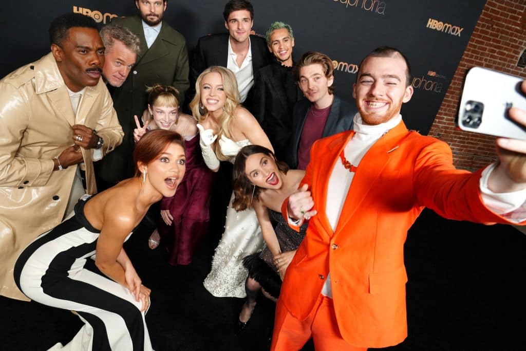 LOS ANGELES, CALIFORNIA - JANUARY 05: Colman Domingo, Eric Dane, Zendaya, Sam Levinson, Hunter Schafer, Sydney Sweeney, Jacob Elordi, Dominic Fike, Maude Apatow, Austin Abrams, and Angus Cloud attend HBO's "Euphoria" Season 2 Photo Call at Goya Studios on January 05, 2022 in Los Angeles, California. (Photo by Jeff Kravitz/FilmMagic for HBO)