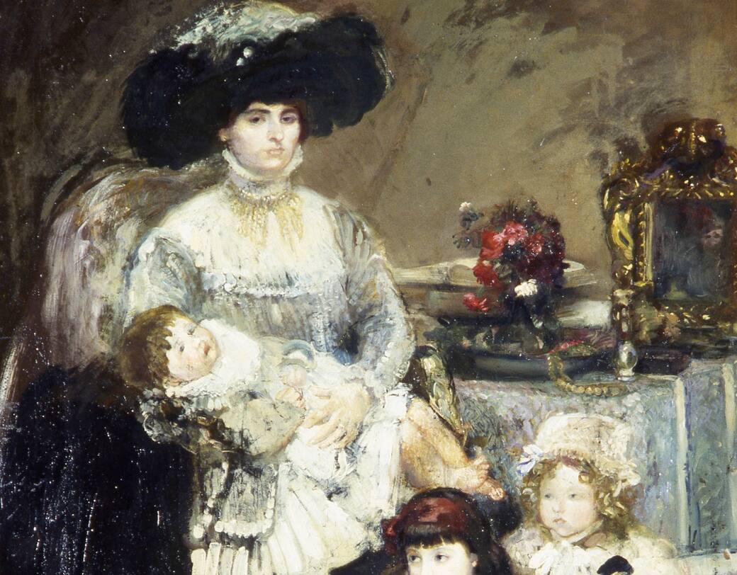 Armando Spadini, Ritratto della moglie del pittore Adolfo De Carolis con le figlie, 1908, olio su tela, cm 201 x 141. Piacenza, Galleria d'Arte Moderna Ricci Oddi