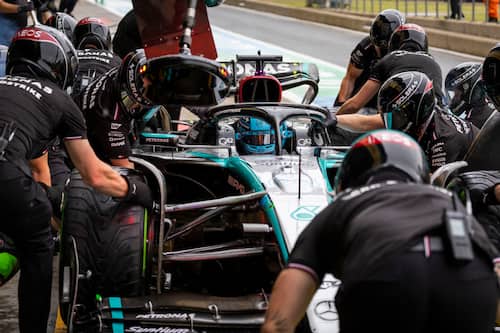 SILVERSTONE CIRCUIT, UNITED KINGDOM - JULY 05: George Russell, Mercedes F1 W15, makes a stop during Fp2 during the British GP at Silverstone Circuit on Friday July 05, 2024 in Northamptonshire, United Kingdom. (Photo by Sam Bloxham / LAT Images)