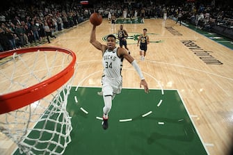 MILWAUKEE, WI - DECEMBER 13:  Giannis Antetokounmpo #34 of the Milwaukee Bucks drives to the basket during the game against the Indiana Pacers on December 13, 2023 at the Fiserv Forum Center in Milwaukee, Wisconsin. NOTE TO USER: User expressly acknowledges and agrees that, by downloading and or using this Photograph, user is consenting to the terms and conditions of the Getty Images License Agreement. Mandatory Copyright Notice: Copyright 2023 NBAE (Photo by Gary Dineen/NBAE via Getty Images).