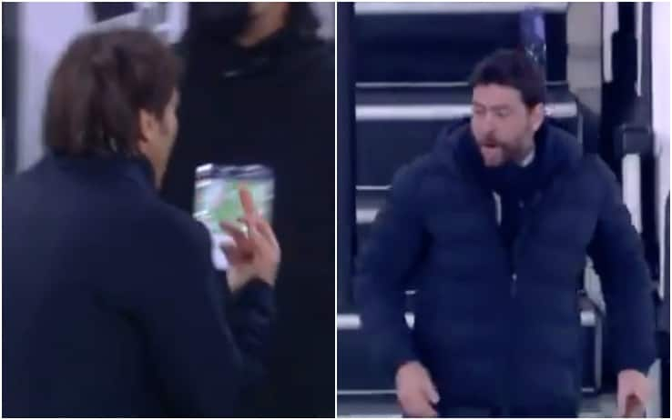 A sinistra il gesto di Conte a fine primo tempo, a destra la furia di Agnelli a fine partita 