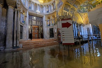 An overview of the narthex of the Basilica of San Marco, damaged by bad weather in Venice, northern Italy, 13 November 2019. A wave of bad weather has hit much of Italy on 12 November. Levels of 100-120cm above sea level are fairly common in the lagoon city and Venice is well-equipped to cope with its rafts of pontoon walkways. ANSA/ANDREA MEROLA