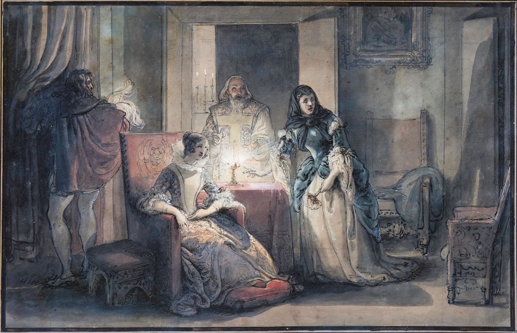 Francesco Hayez, Un episodio de Il bravo di James Fenimore Cooper, 1832 circa, Penna e inchiostro, acquarello su carta, rialzi di bianco, Abano Terme, Museo Villa Bassi Rathgeb