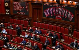 Il tabellone con la votazione della risoluzione di maggioranza sullo scostamento di bilancio nell'aula della Camera, Roma, 27 aprile 2023. ANSA/ETTORE FERRARI

 