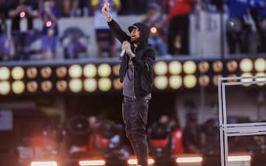 Eminem performs during the Super Bowl LVI Halftime Show at SoFi Stadium in Los Angeles, CA on Feb. 13, 2022. (Photo by Image of Sport/Sipa USA