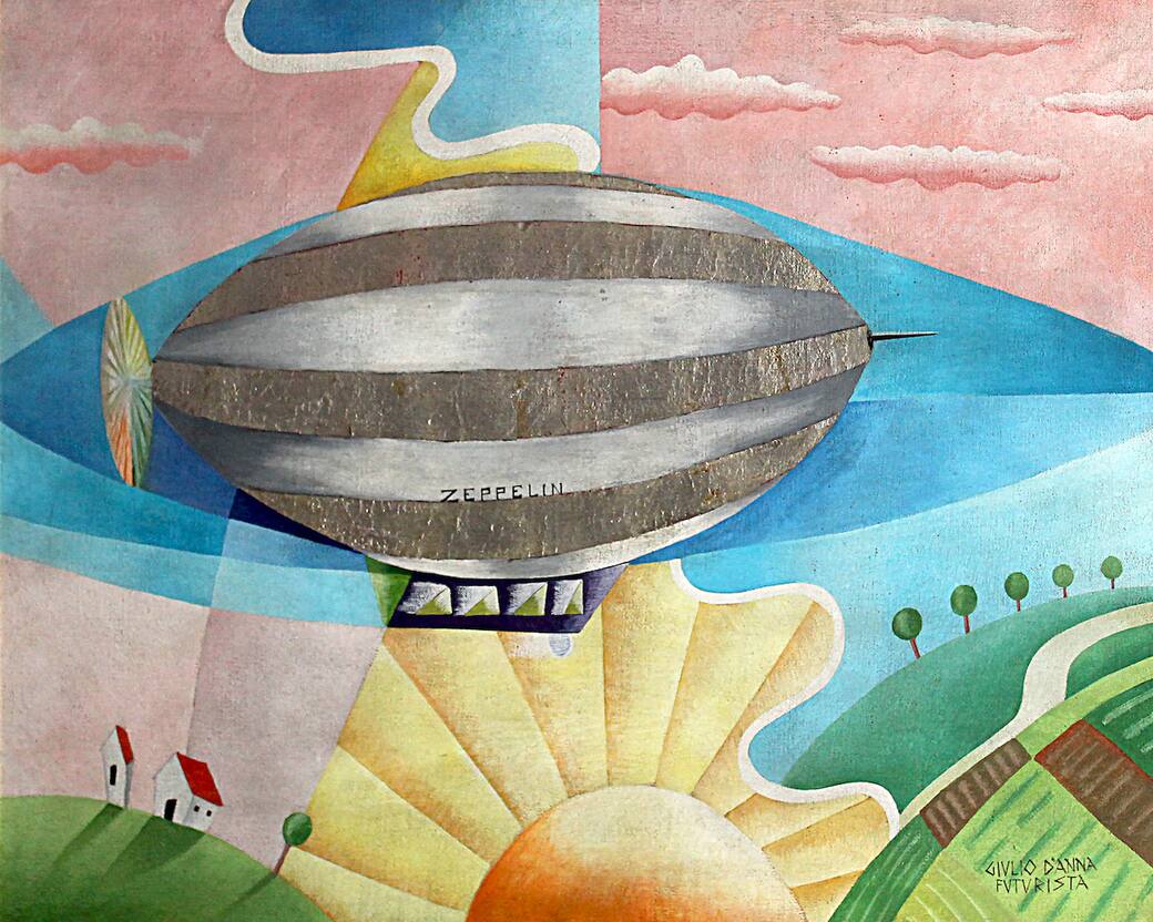 Giulio D’Anna, Zeppelin, 1930 ca, olio e collage su tela, 76,5 x 102 cm. Collezione privata Damoli Marco, Verona. Courtesy Galleria Faraci Arte, Verona