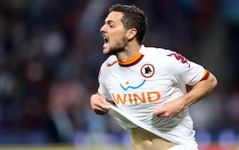 AS Roma forward Mattia Destro exults after scoring the goal of 1-1 during the Italy Cup semi final second leg soccer match between Inter Milan and As Roma at the Giuseppe Meazza stadium in Milan, Italy, 17 April 2013, ANSA/ MATTEO BAZZI