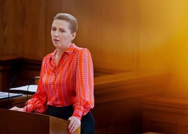 Denmark's Prime Minister Mette Frederiksen is pictured during the Parliament's closing debate before the summer holidays at Christiansborg Castle in Copenhagen, Denmark, on May 31, 2023. Danish Prime Minister Mette Frederiksen has delivered a speech in Parliament that was partly written by an artificial intelligence (AI), to point out the revolutionary aspects and risks of AI. (Photo by Liselotte Sabroe / Ritzau Scanpix / AFP) / Denmark OUT (Photo by LISELOTTE SABROE/Ritzau Scanpix/AFP via Getty Images)