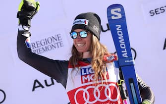 Winner Marta Bassino of Italy celebrates on the podium after the Women's Giant Slalom race at the FIS Alpine Skiing World Cup in Sestriere, Italy, 10 December 2022. ANSA/ANDREA SOLERO