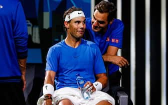 Rafael Nadal of Team Europe and Roger Federer of Team Europe reacts during Day 2 of the Laver Cup 2019 at Palexpo on September 21, 2019 in Geneva, Switzerland. The Laver Cup will see six players from the rest of the World competing against their counterparts from Europe. Team World is captained by John McEnroe and Team Europe is captained by Bjorn Borg. The tournament runs from September 20-22.