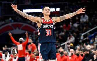 WASHINGTON, DC - FEBRUARY 10: Kyle Kuzma #33 of the Washington Wizards celebrates during the third quarter against the Brooklyn Nets at Capital One Arena on February 10, 2022 in Washington, DC. NOTE TO USER: User expressly acknowledges and agrees that, by downloading and or using this photograph, User is consenting to the terms and conditions of the Getty Images License Agreement.  (Photo by Greg Fiume/Getty Images)