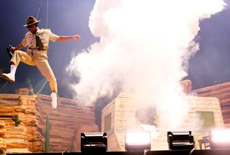 INDIO, CALIFORNIA - APRIL 20: (FOR EDITORIAL USE ONLY) Tyler, the Creator performs at the Coachella Stage during the 2024 Coachella Valley Music and Arts Festival at Empire Polo Club on April 20, 2024 in Indio, California. (Photo by Frazer Harrison/Getty Images for Coachella)