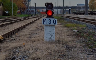 Railway traffic lights showing a red stop signal