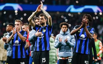 Players of Inter greeting the fans at full time during the UEFA Champions League, Round of 16, 2nd leg football match between Atletico de Madrid and FC Internazionale on March 13, 2024 at Civitas Metropolitano stadium in Madrid, Spain