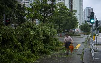 A pedestrian passes a fallen tree following Super Typhoon Saola in Hong Kong, China, on Saturday, Sept. 2, 2023. Severe Typhoon Saola began to weaken and gradually depart Hong Kong, after bringing hurricane-force winds and heavy rain to the territory.Â  Photographer: Justin Chin/Bloomberg via Getty Images