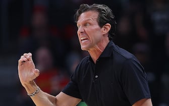 ATLANTA, GEORGIA - APRIL 23:  Head coach Quin Snyder of the Atlanta Hawks reacts against the Boston Celtics during the first quarter of Game Four of the Eastern Conference First Round Playoffs at State Farm Arena on April 23, 2023 in Atlanta, Georgia. NOTE TO USER: User expressly acknowledges and agrees that, by downloading and or using this photograph, User is consenting to the terms and conditions of the Getty Images License Agreement.  (Photo by Kevin C. Cox/Getty Images)