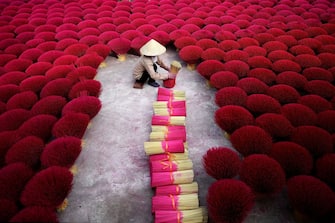 TOPSHOT - This picture taken on January 3, 2019 shows a Vietnamese woman collecting incense sticks in a courtyard in the village of Quang Phu Cau on the outskirts of Hanoi. - In Vietnam's 'incense village', hundreds of workers are hard at work dying, drying and whittling down bamboo bark to make the fragrant sticks ahead of the busy lunar new year holiday. (Photo by Manan VATSYAYANA / AFP) / TO GO WITH Vietnam-lifestyle-holiday-religion-craft, PHOTOESSAY by Manan Vatsyayana (Photo by MANAN VATSYAYANA/AFP via Getty Images)