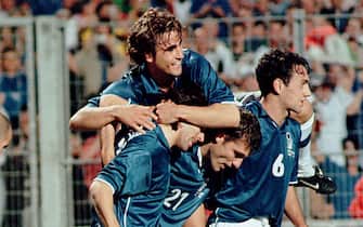 Italy's Christian Vieri (centre) celebrates with teammates after scoring Italy's second goal  (Photo by Tony Marshall/EMPICS via Getty Images)
