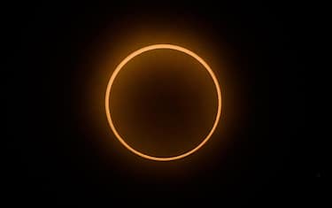 epa10919444 The annular solar eclipse as observed from the province of Cocle, Panama, 14 October 2023. An annular solar eclipse crossed America from North to South on 14 October.  EPA/Bienvenido Velasco