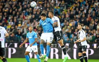 Header of Napoli's Mathias Olivera  during  Udinese Calcio vs SSC Napoli, Italian soccer Serie A match in Udine, Italy, May 06 2024