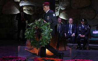 Israel's military chief Herzi Halevi lays a wreath during a ceremony at the Hall of Remembrance in Jerusalem's Yad Vashem Holocaust Museum on April 18, 2023 marking the annual Holocaust Remembrance Day in memory of the six million Jews killed during World War II. (Photo by Menahem KAHANA / AFP) (Photo by MENAHEM KAHANA/AFP via Getty Images)