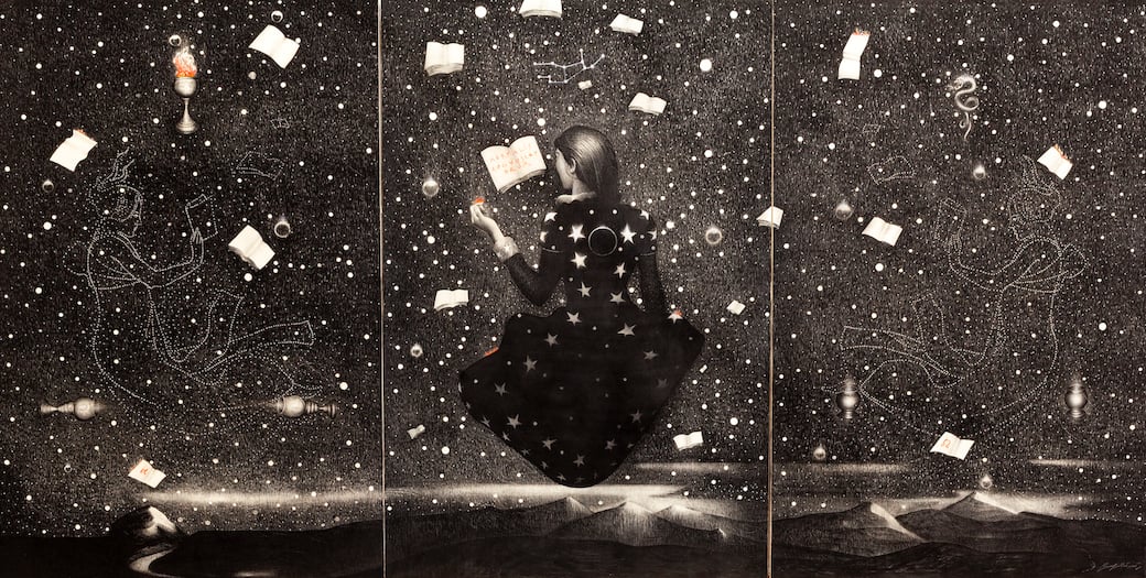 Omar Galliani, L’eco della Sibilla, 2026, matita nera su tavola di pioppo, trittico, 300x600 cm. Foto Ignacio Maria Coccia