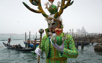 Un personaggio, vestito di un vistoso costume colorato,  posa sul molo di San Marco, per il carnevale veneziano, oggi 18 febbraio 2023. ANSA/ANDREA MEROLA