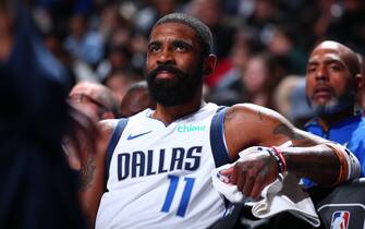 BROOKLYN, NY - FEBRUARY 6: Kyrie Irving #11 of the Dallas Mavericks looks on during the game on February 6, 2024 at Barclays Center in Brooklyn, New York. NOTE TO USER: User expressly acknowledges and agrees that, by downloading and or using this Photograph, user is consenting to the terms and conditions of the Getty Images License Agreement. Mandatory Copyright Notice: Copyright 2024 NBAE (Photo by David L. Nemec/NBAE via Getty Images)