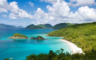 Trunk Bay vacation destination beach in St. John, Virgin Islands, caribbean. Beautiful scenic tropical paradise seascape.