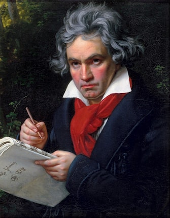 Beethoven; Portrait of the German composer, Ludwig van Beethoven (1770-1827) holding the manuscript of the Missa solemnis, painting by Joseph Karl Stieler, 1820