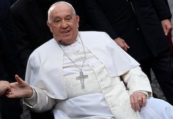 Pope Francis waves at faithfuls during Immaculate Conception celebration prayer in Spanish Square, Rome, 8 December 2024. ANSA/RICCARDO ANTIMIANI