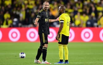 COLUMBUS, OHIO - DECEMBER 09: Giorgio Chiellini #14 of Los Angeles FC interacts with Darlington Nagbe #6 of Columbus Crew during the second half during the 2023 MLS Cup at Lower.com Field on December 09, 2023 in Columbus, Ohio. (Photo by Emilee Chinn/Getty Images)