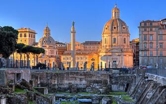 Antique Trajan's Forum with Trajan's Column in the evening sun, Rome, Lazio, Central Italy, Italy