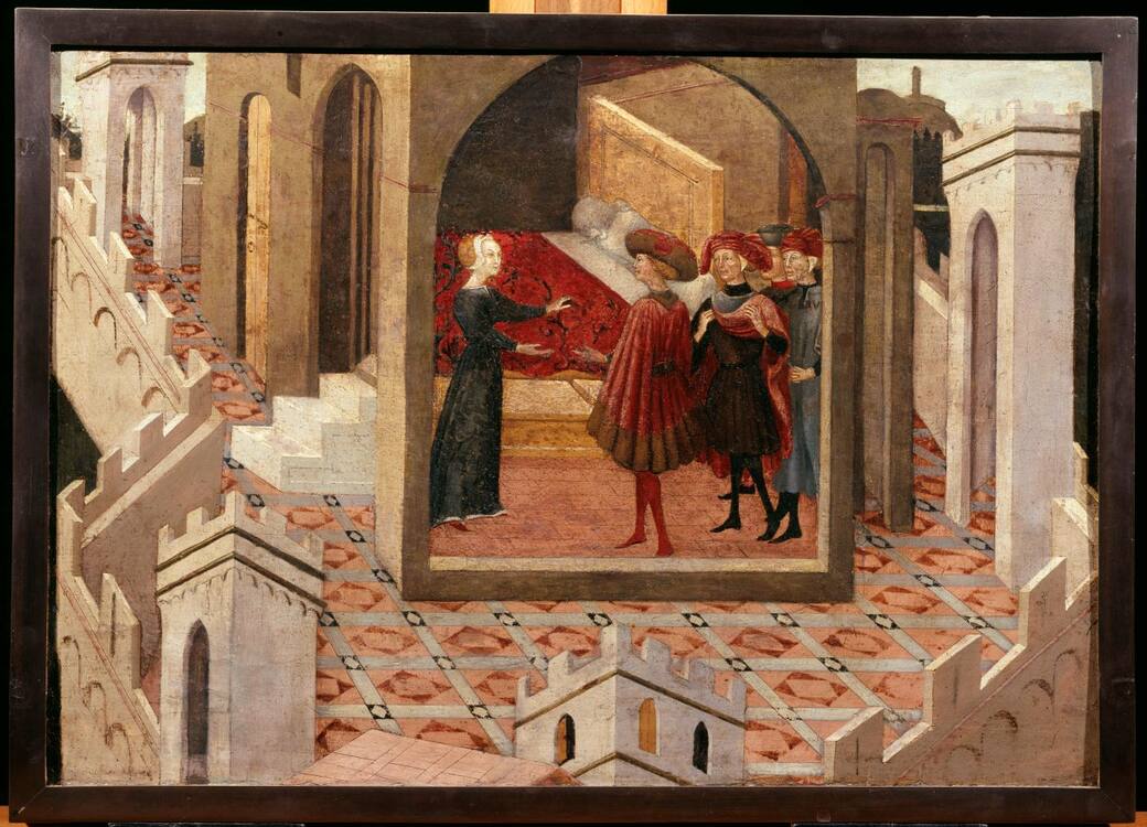 Pittore senese attivo intorno alla metà del XV secolo, Lucrezia premedita il suicidio. Avignone, Musée du Petit Palais – Louvre en Avignon, inv. MI 438 (in deposito, proprietà Musée du Louvre).